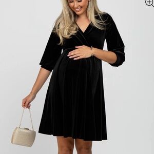Hello Miz Black Velvet Wrap Front Babydoll Maternity Dress